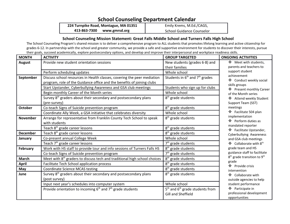 School Counseling Department Calendar