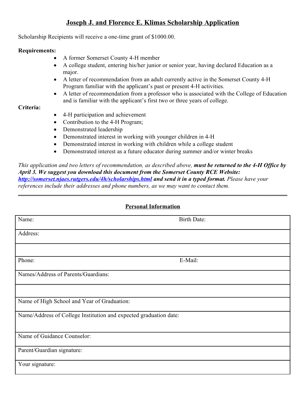 Joseph J. and Florence E. Klimas Scholarship Application