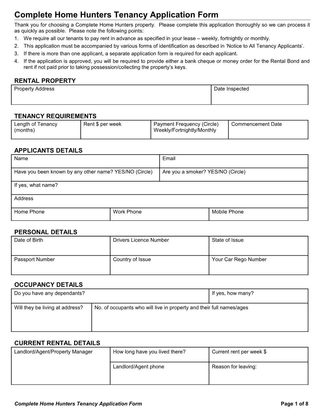 Complete Home Hunters Tenancy Application Form