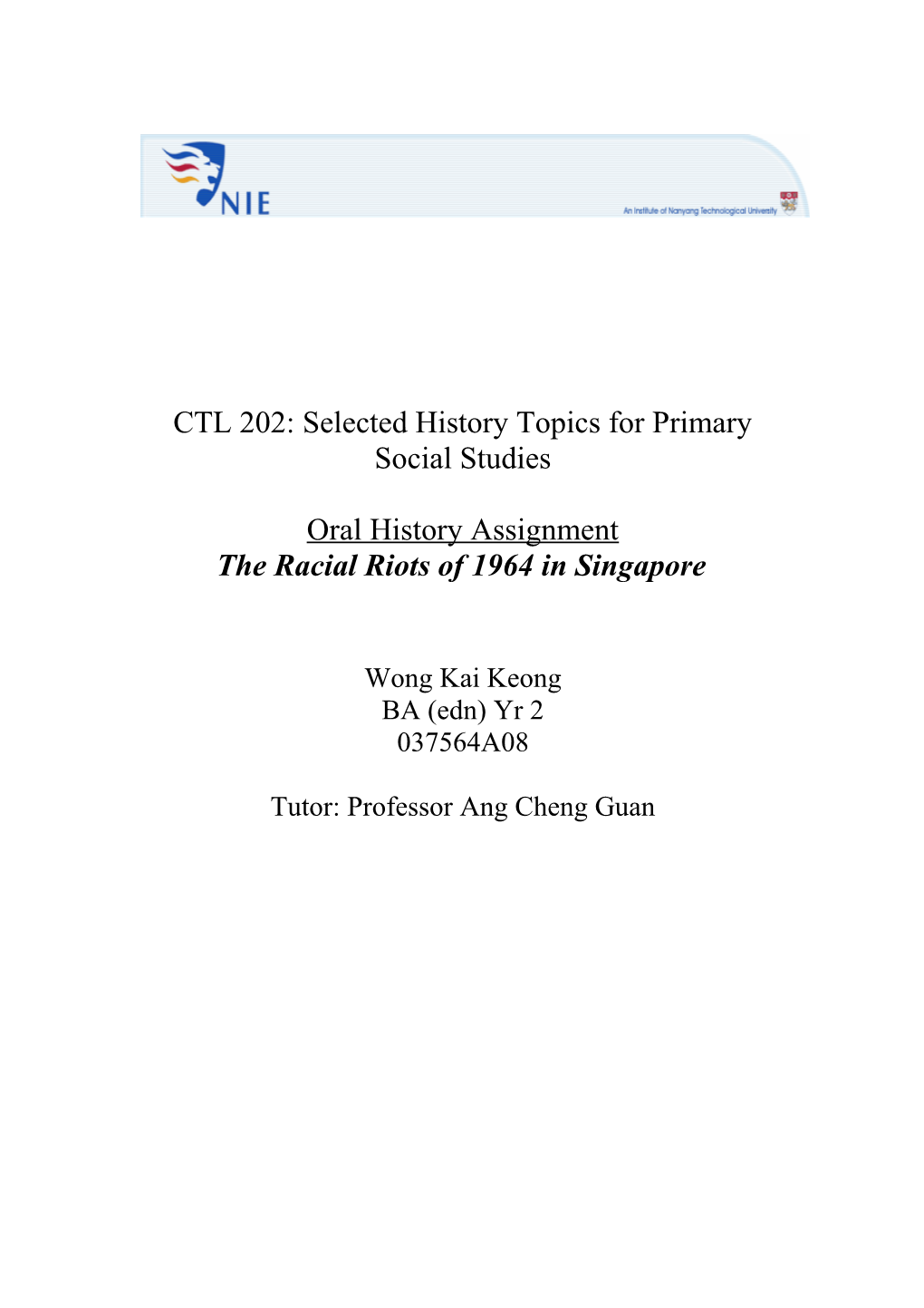 CTL 202: Selected History Topics for Primary Social Studies