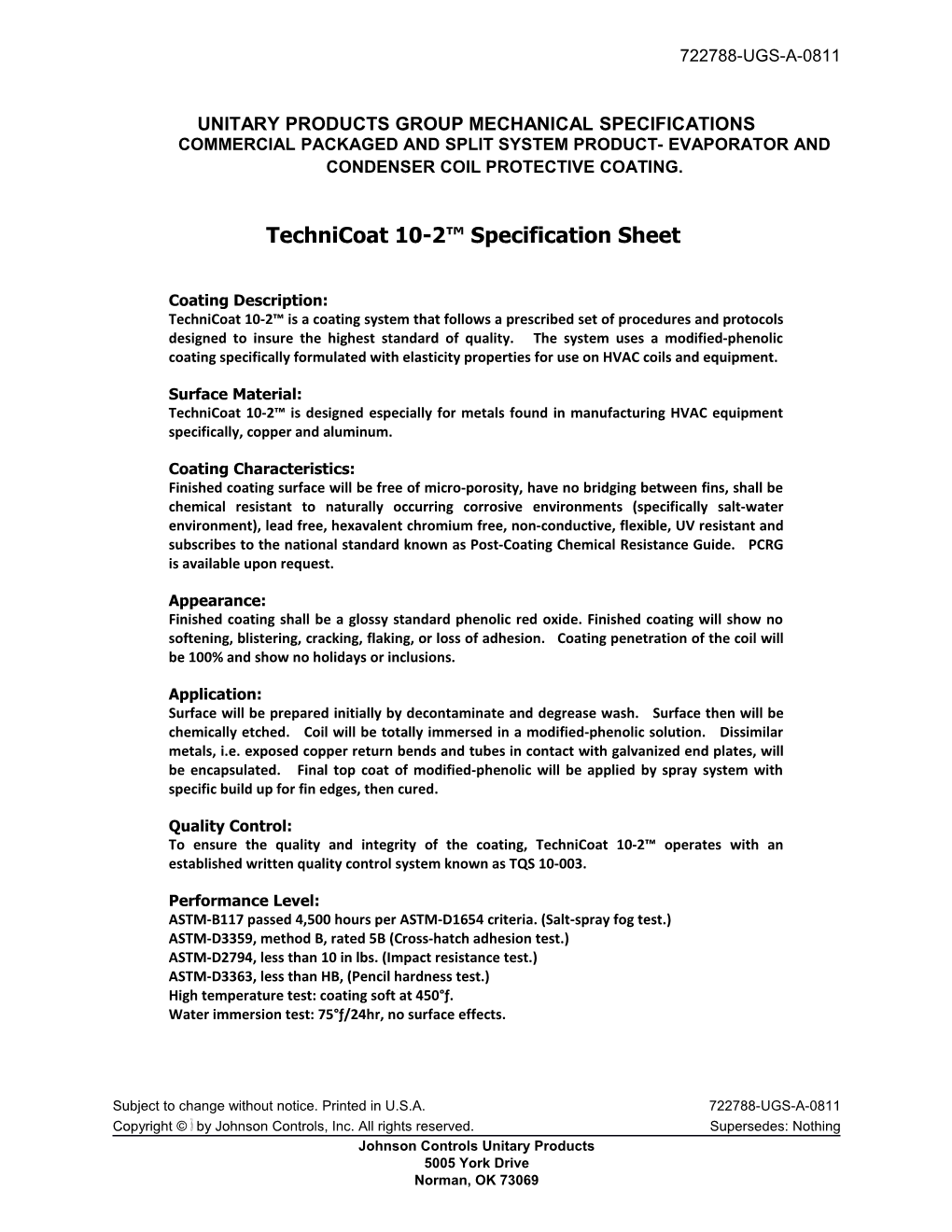 Unitary Products Group Mechanical Specifications