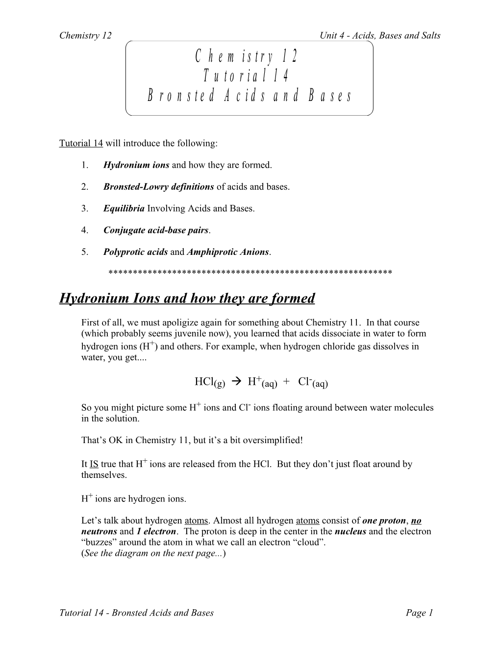 Chemistry 12 Unit 4 - Acids, Bases and Salts