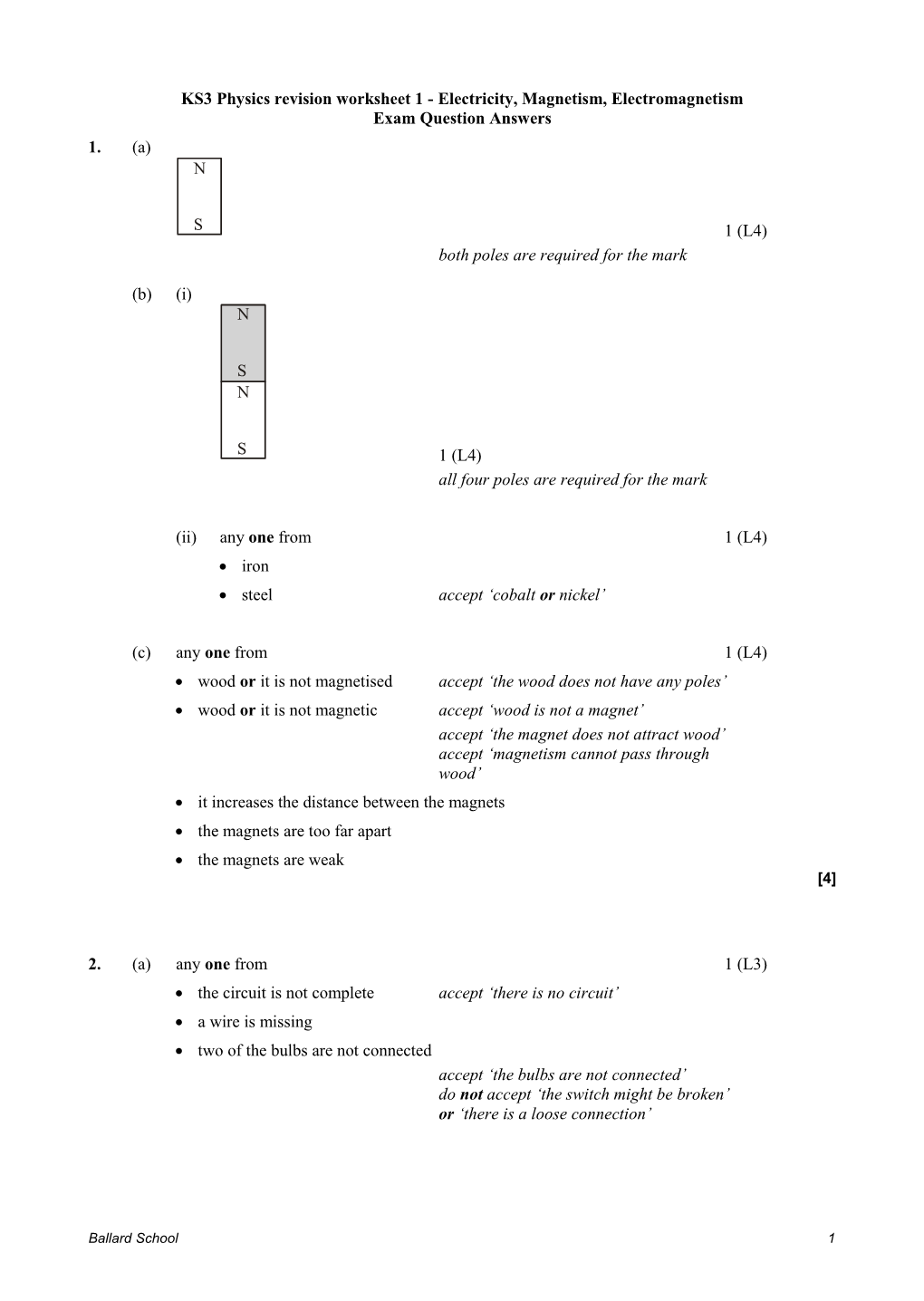 KS3 Physics Revision Worksheet 1 - Electricity, Magnetism, Electromagnetism