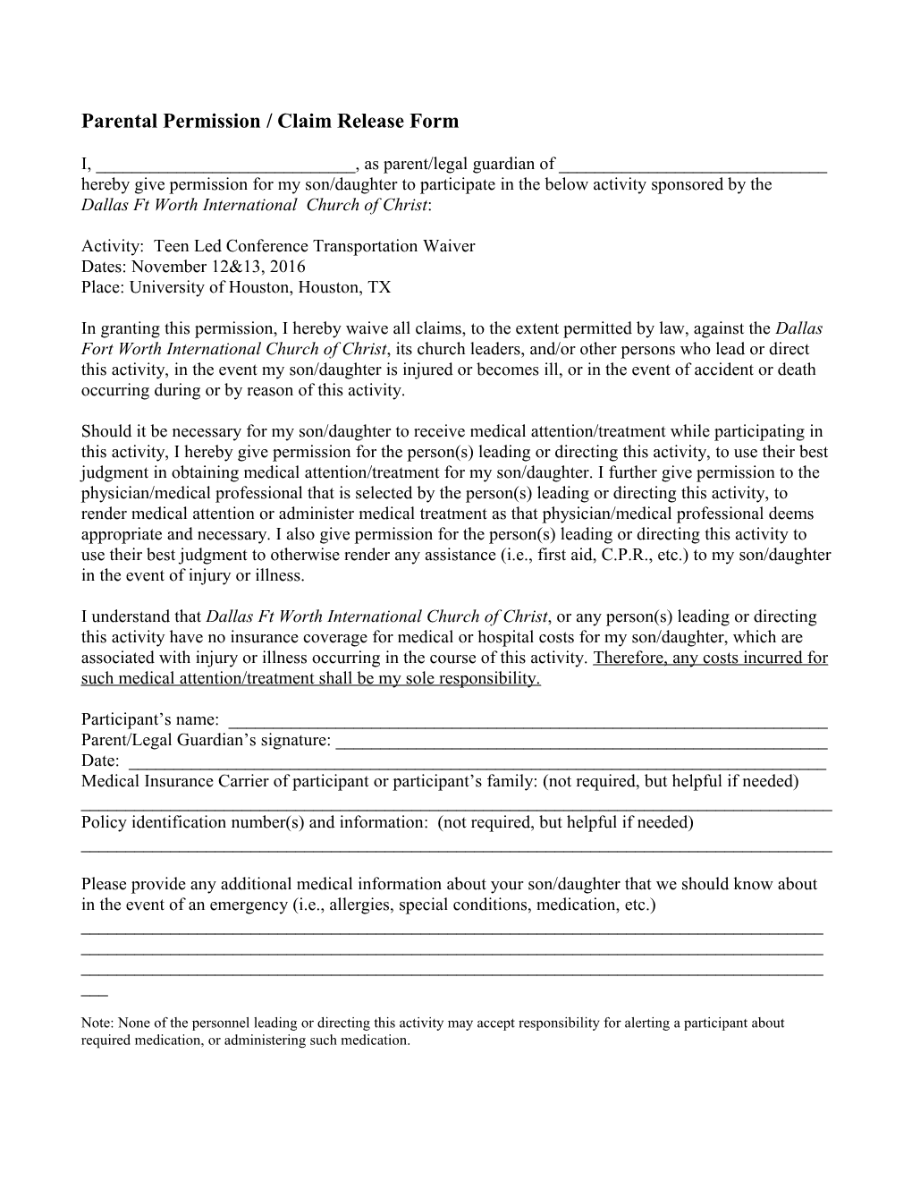 Parental Permission / Claim Release Form