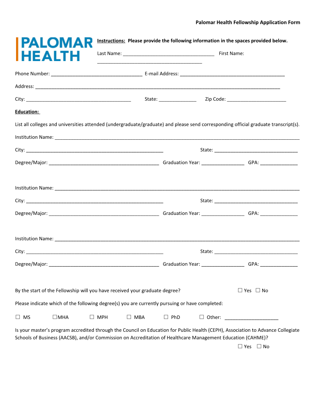 Palomar Health Fellowship Application Form