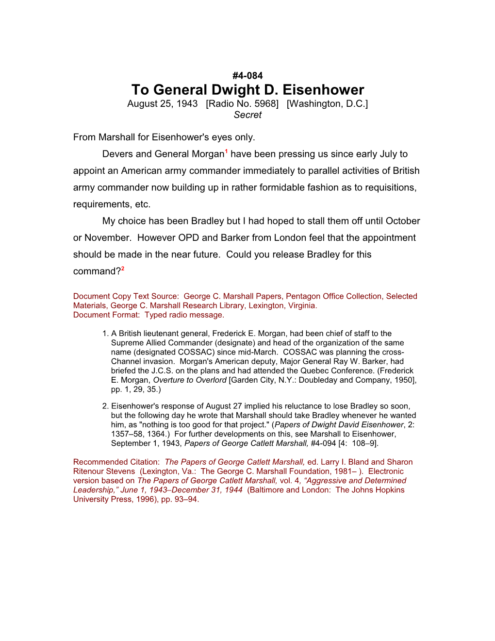 To General Dwight D. Eisenhower