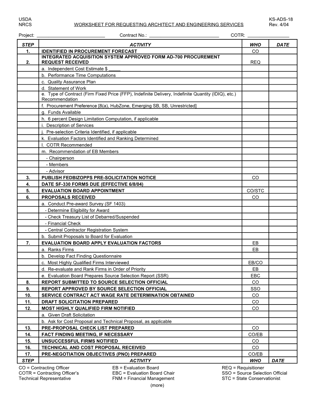 NRCS WORKSHEET for REQUESTING ARCHITECT and ENGINEERING SERVICES Rev. 4/04