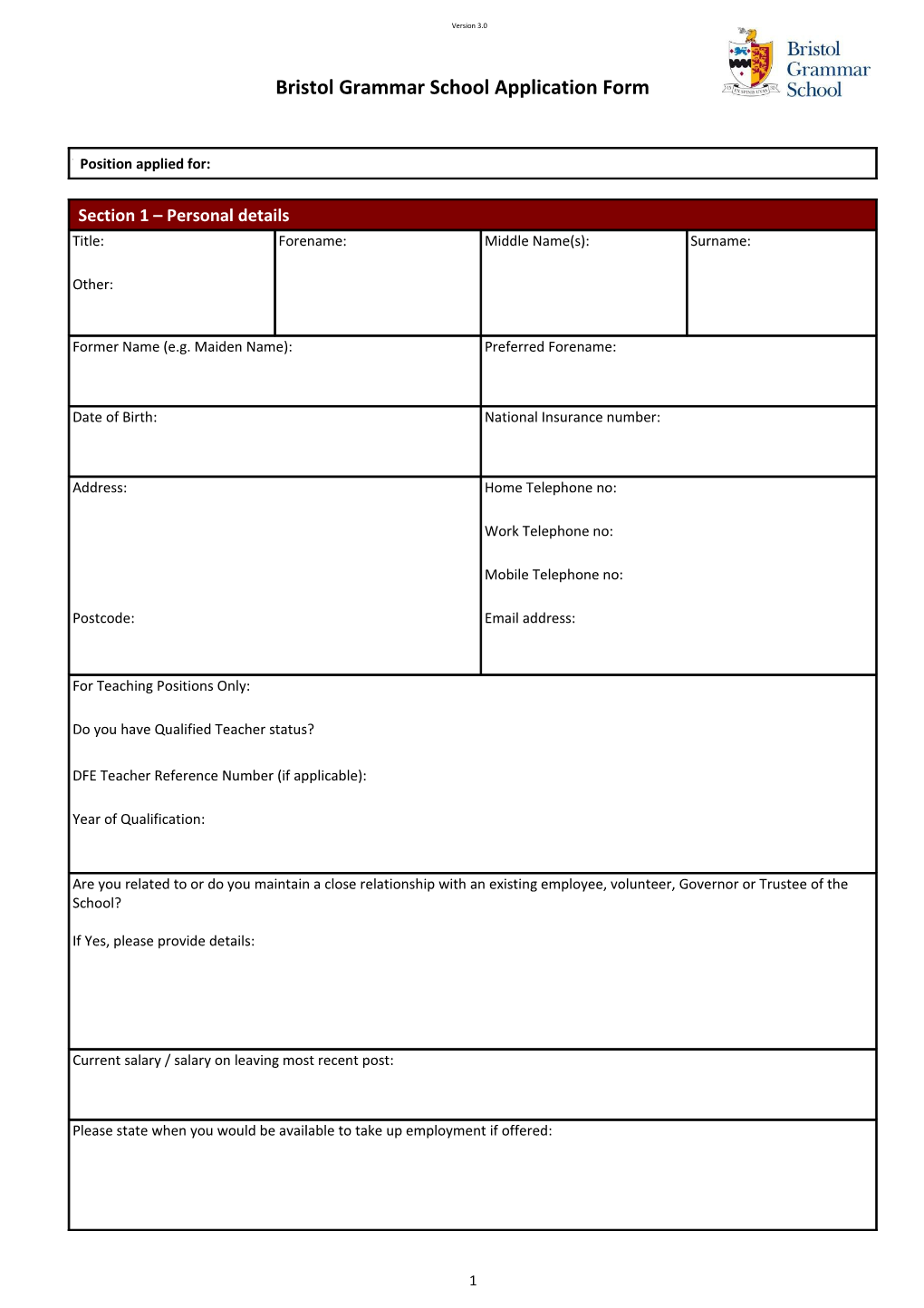 Bristol Grammar School Application Form