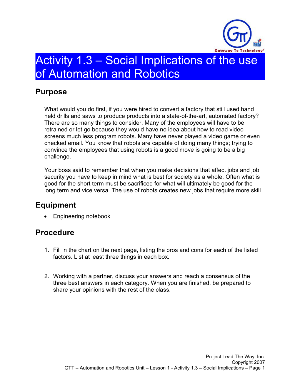 Activity 1.3 - Social Implications Of Automation And Robotics