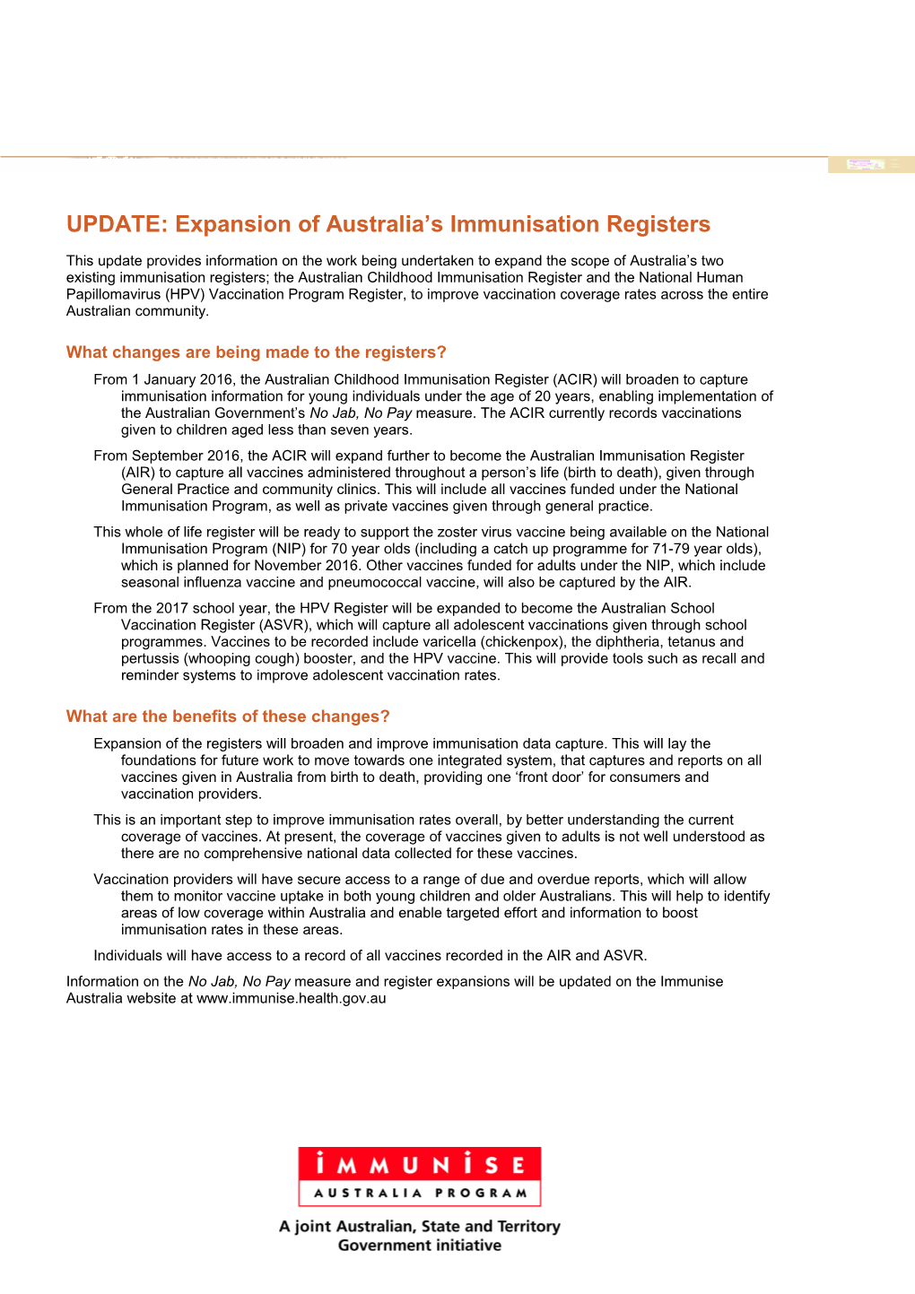 UPDATE: Expansion of Australia S Immunisation Registers