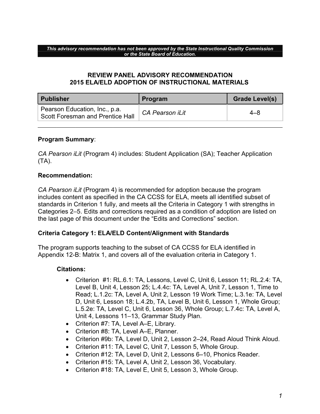 CA Pearson Ilit - Instructional Materials (CA Dept of Education)