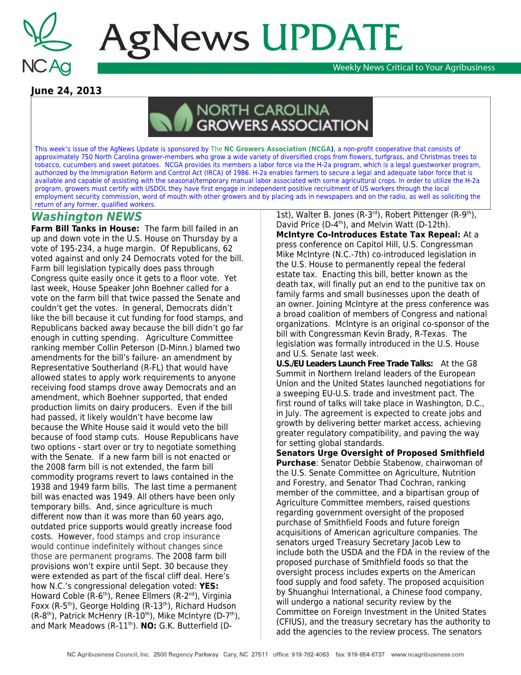 This Week S Issue of the Agnews Update Is Sponsored by the NC Growers Association (NCGA)