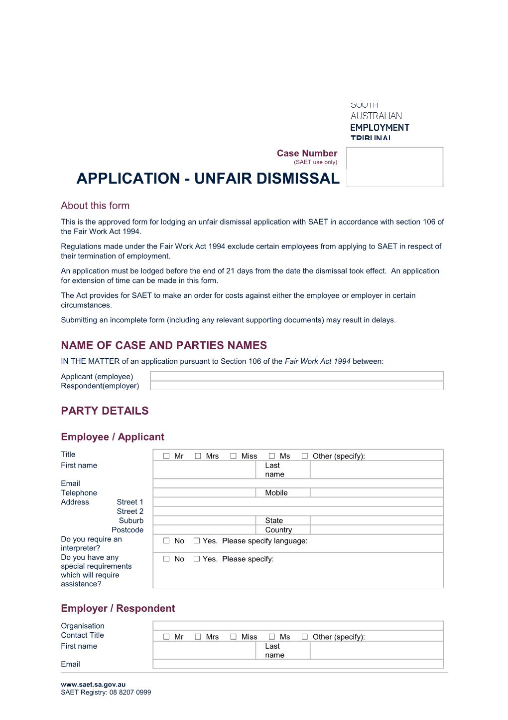 Application - Unfair Dismissal