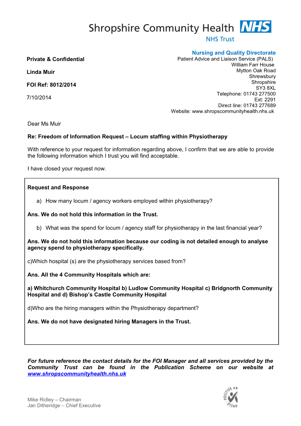 Re: Freedom of Information Request Locum Staffing Within Physiotherapy