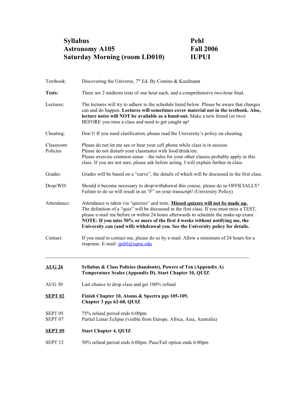 Astronomy A105 Fall 2006