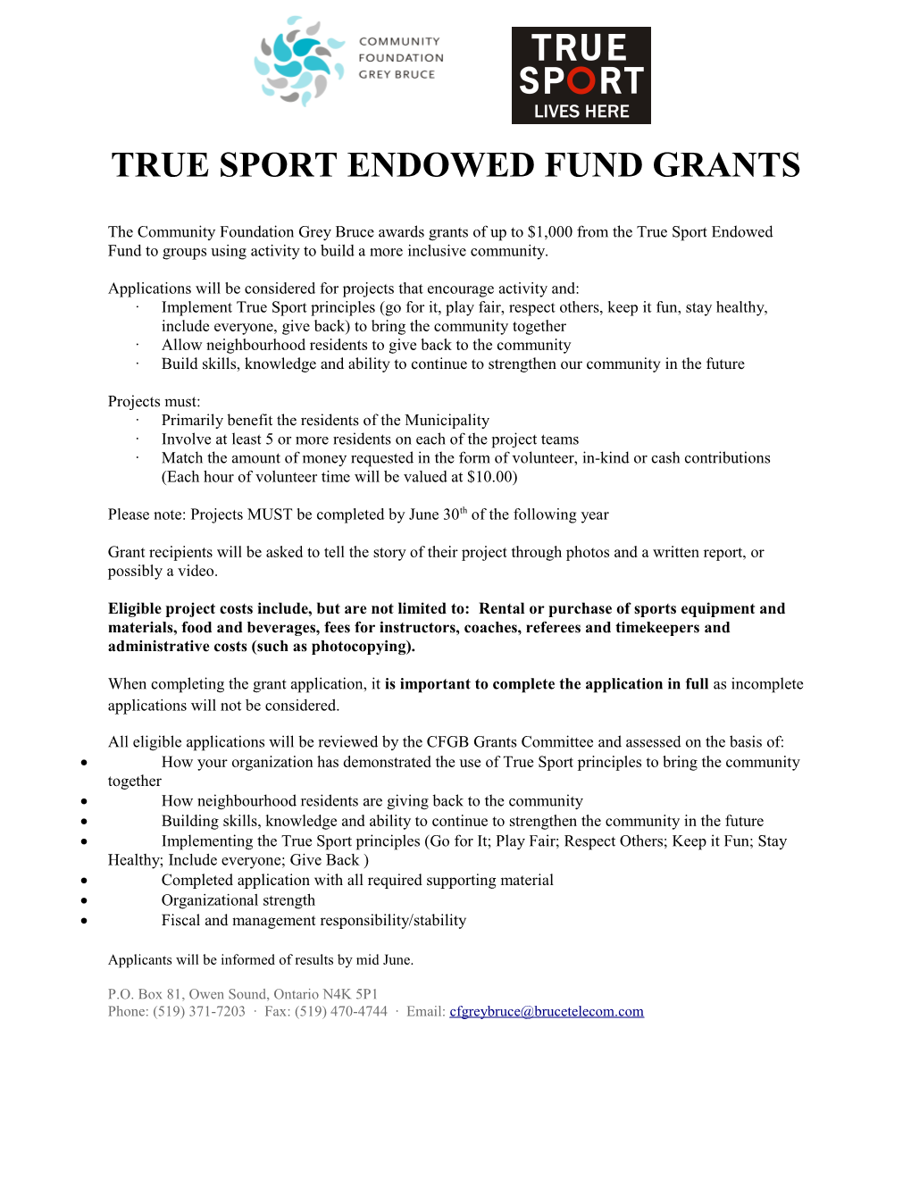 True Sport Endowed Fund Grants