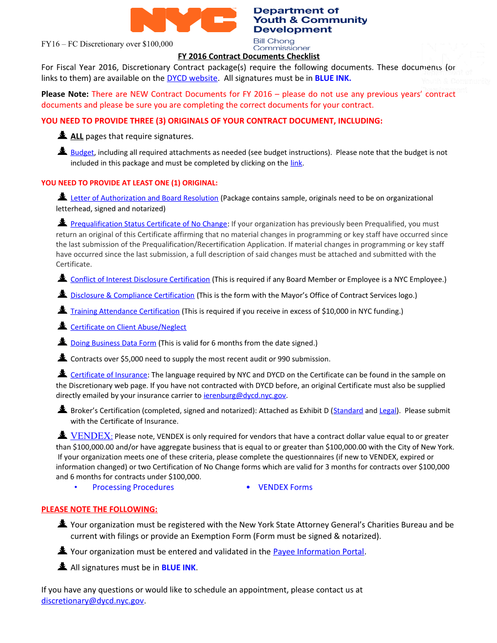 FY 2016 Contract Documents Checklist