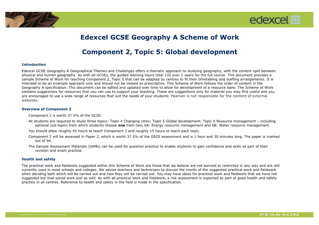 Edexcel GCSE Geography a Scheme of Work
