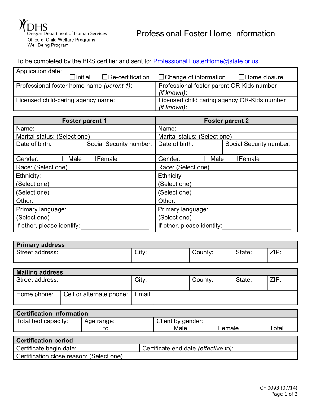 Professional Foster Home Information CF 0093 (3/13)