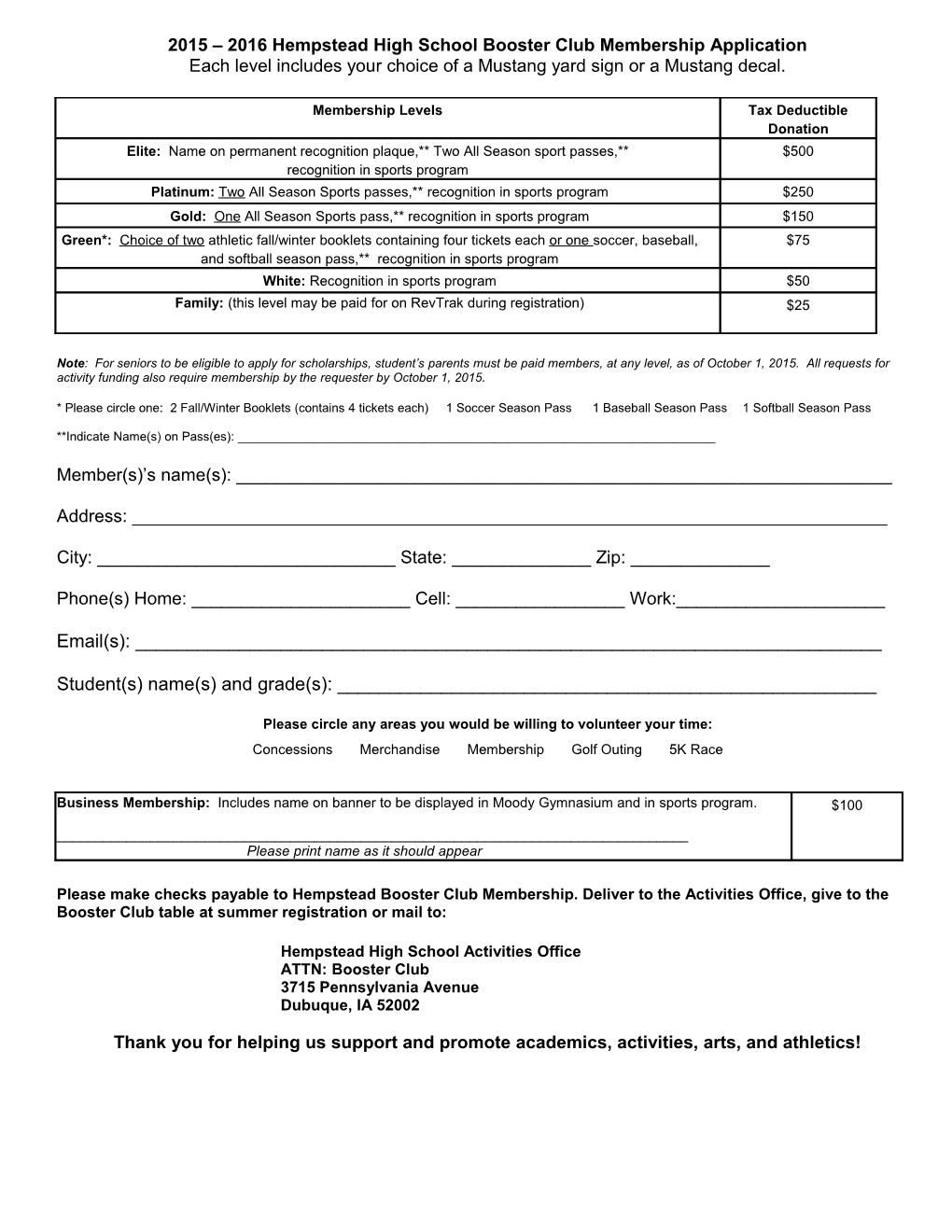 Hempstead High School Booster Club Membership Levels