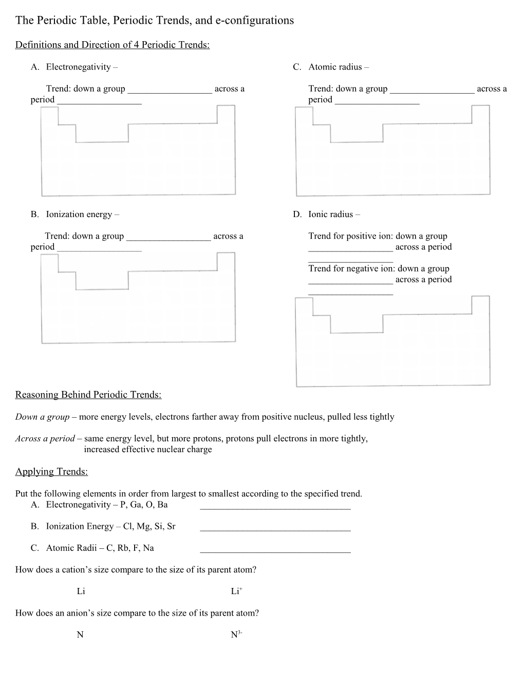 The Periodic Table, Periodic Trends, and E-Configurations