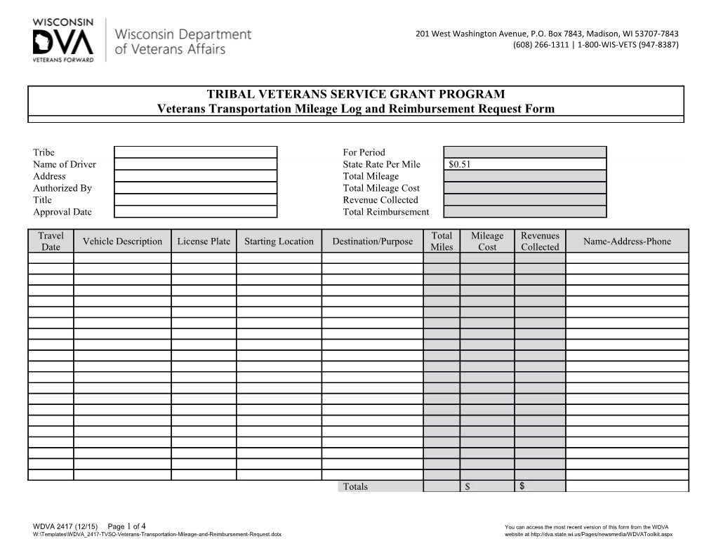 WDVA 2417 TVSO Veterans Transportation Mileage and Reimbursement Request