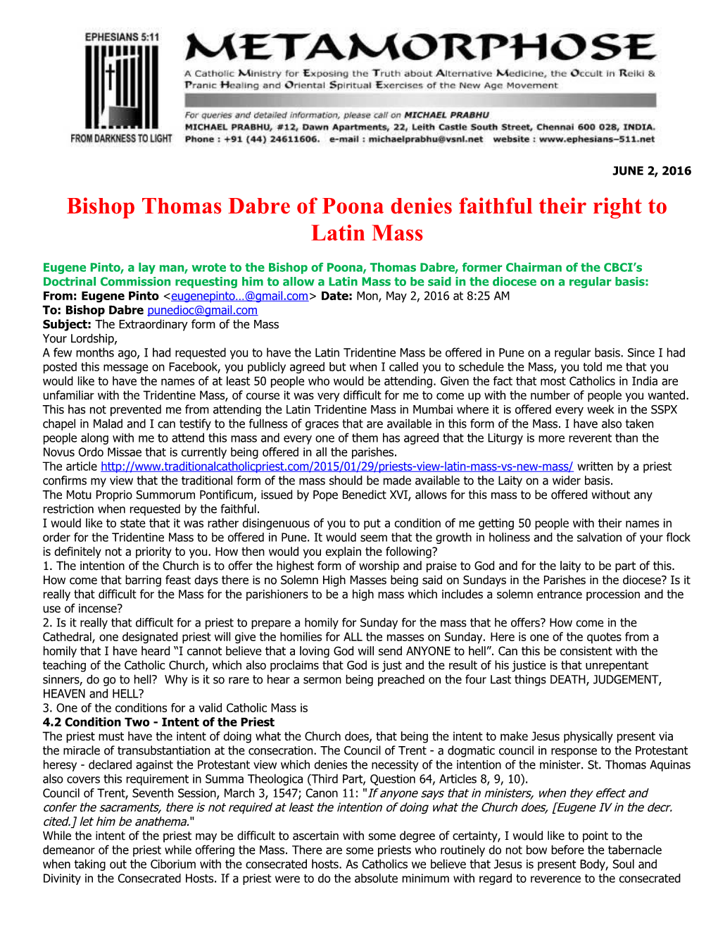 Bishop Thomas Dabre of Poona Denies Faithful Their Right to Latin Mass