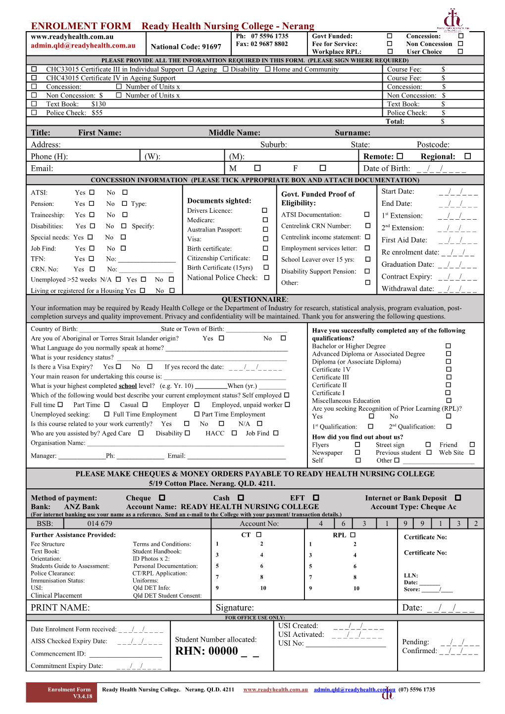 ENROLMENT FORM Ready Health Nursing College - Nerang