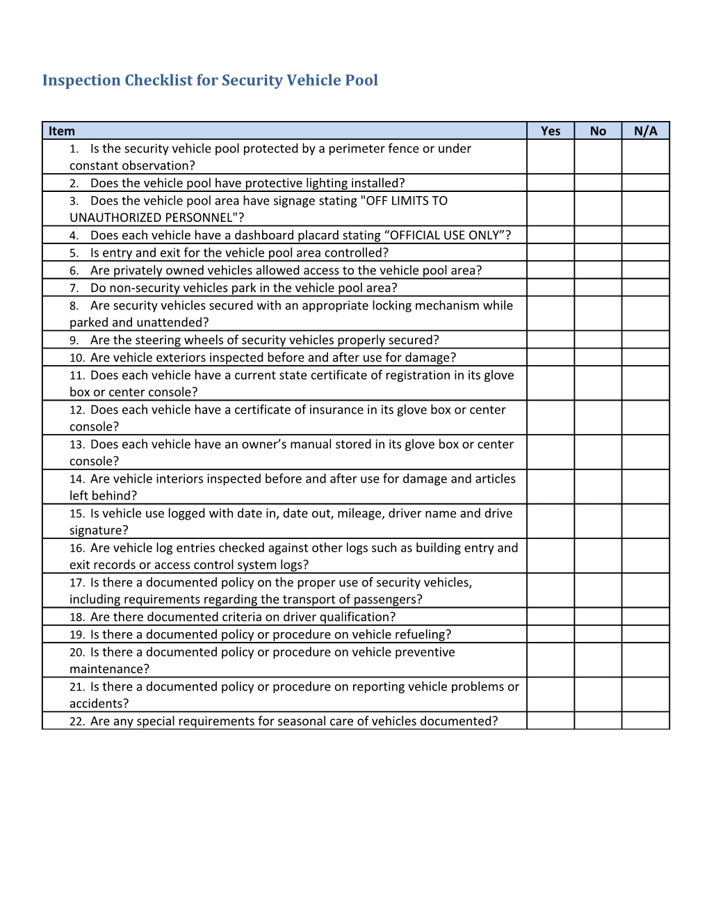 Inspection Checklist for Security Vehicle Pool