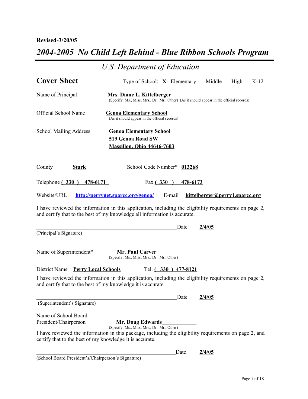 Genoa Elementary School Application: 2004-2005, No Child Left Behind - Blue Ribbon Schools