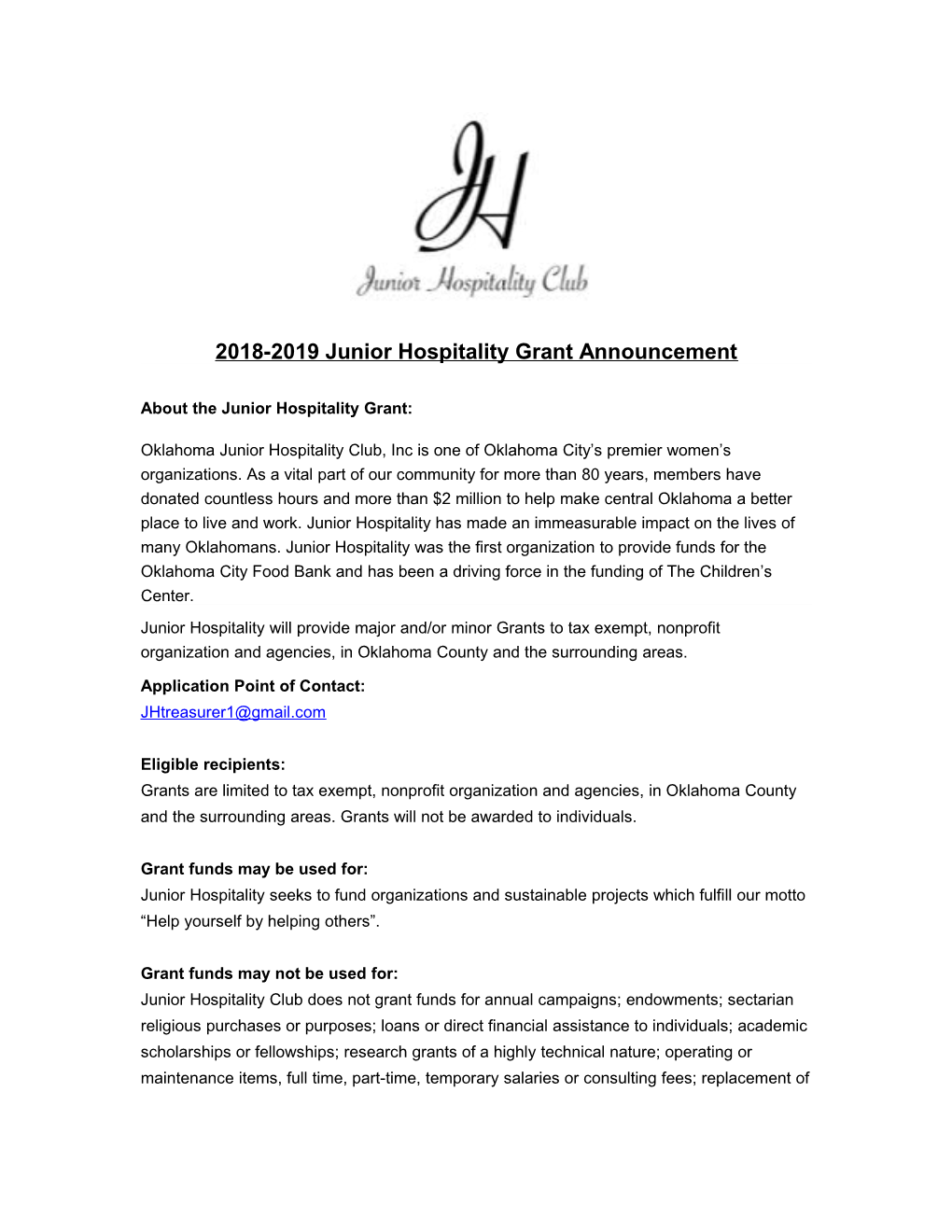2018-2019 Junior Hospitality Grant Announcement