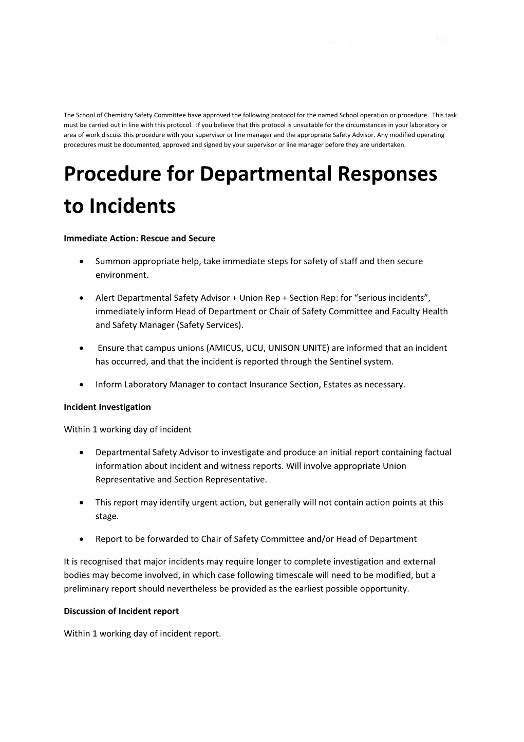 Procedure for Departmental Responses to Incidents