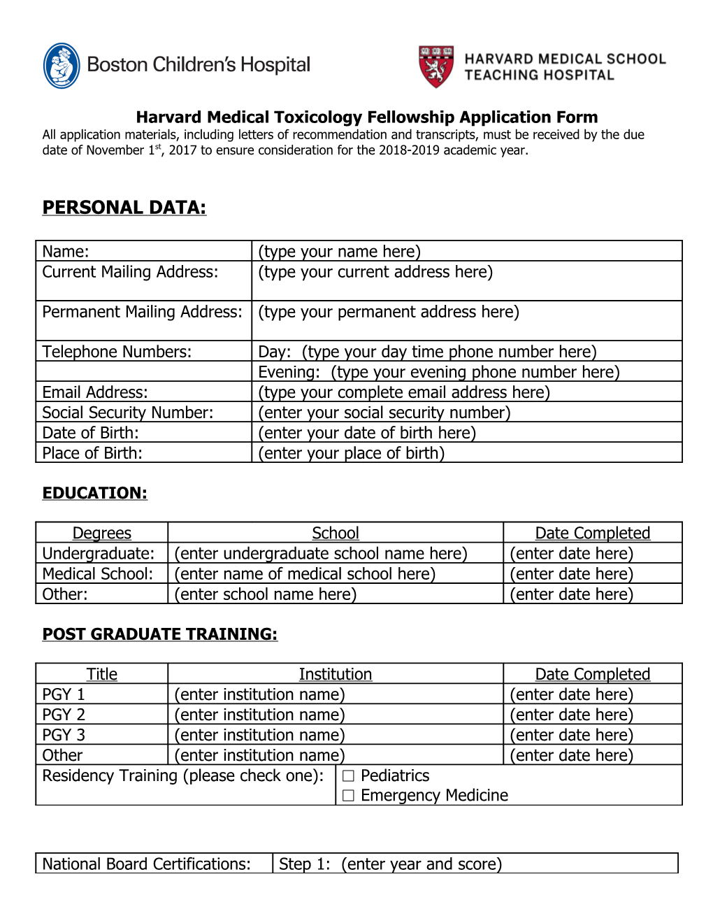 Harvard Medical Toxicology Fellowship Application Form