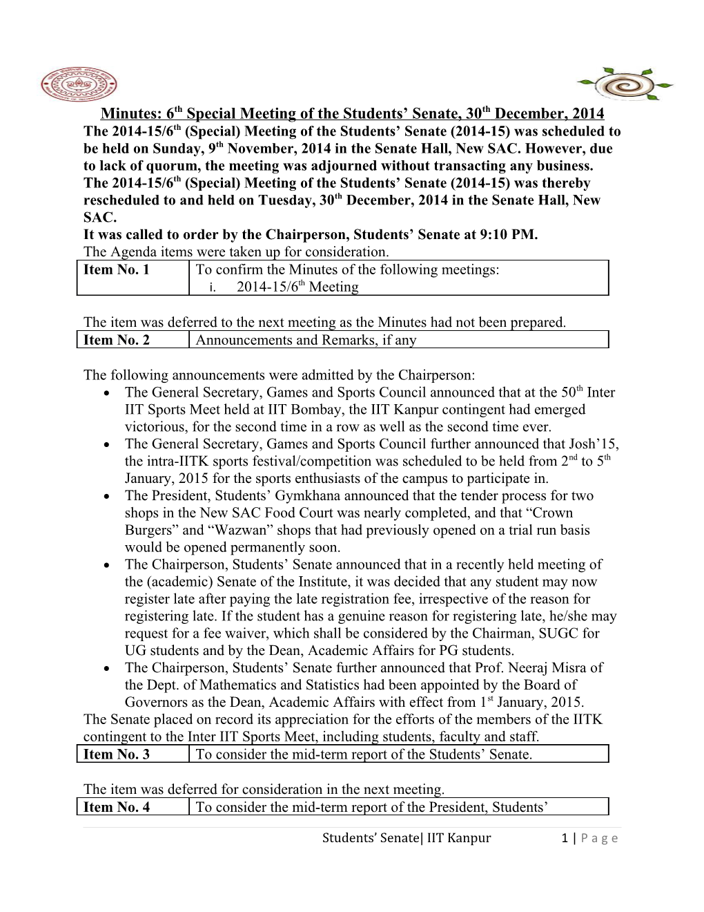 Minutes: 6Th Special Meeting of the Students Senate, 30Th December, 2014