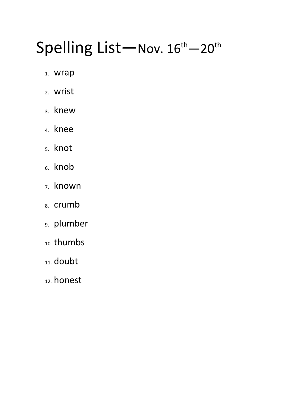 Spelling List Nov. 16Th 20Th