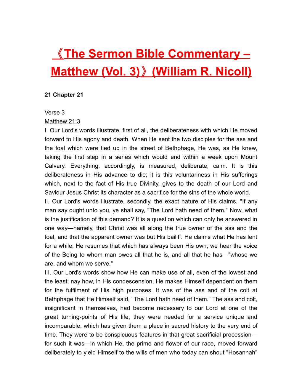 The Sermon Bible Commentary Matthew (Vol. 3) (William R. Nicoll)