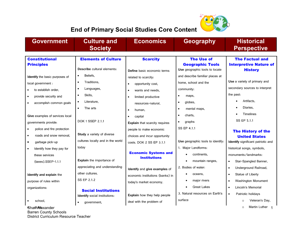 End of Primary Social Studies Core Content