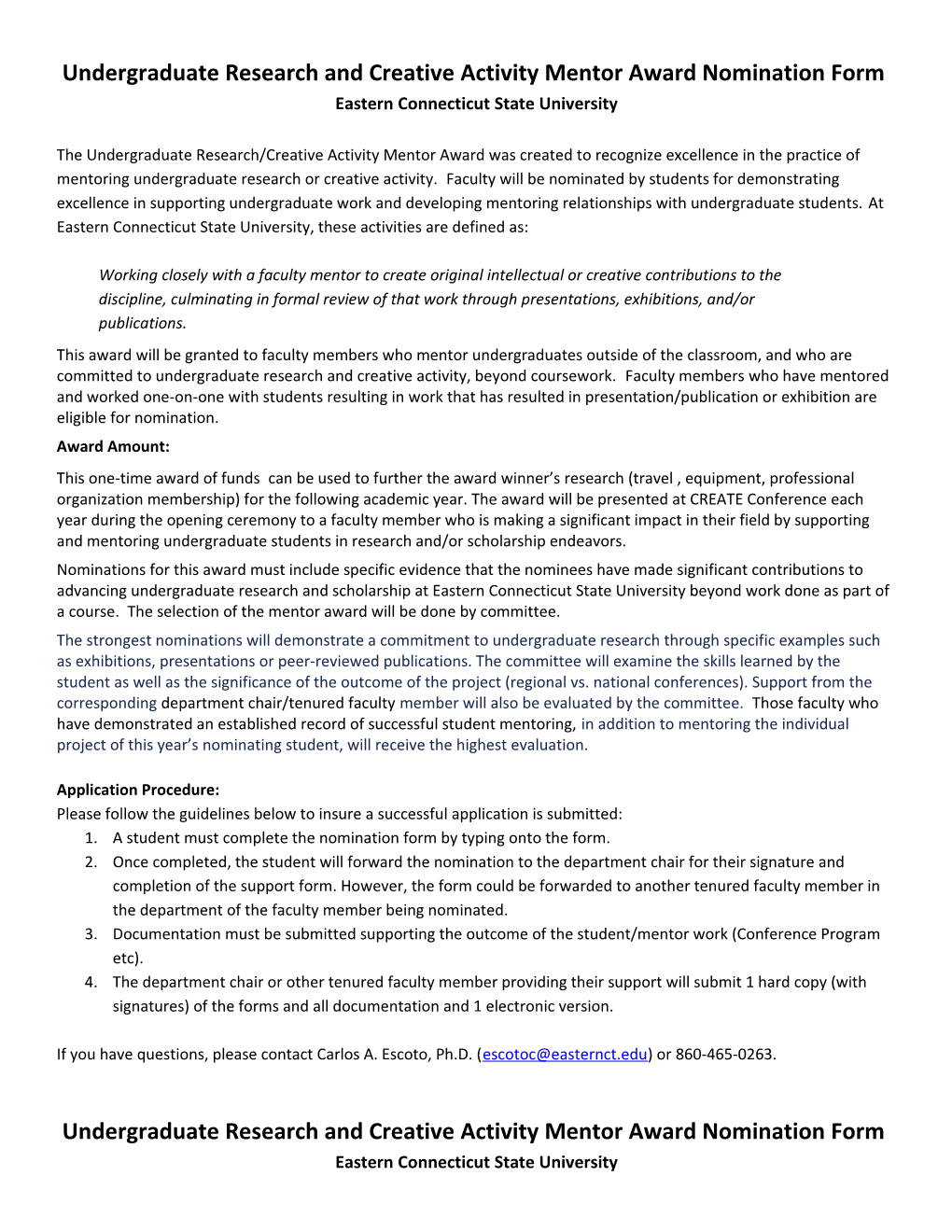 Undergraduate Research and Creative Activity Mentor Award Nomination Form