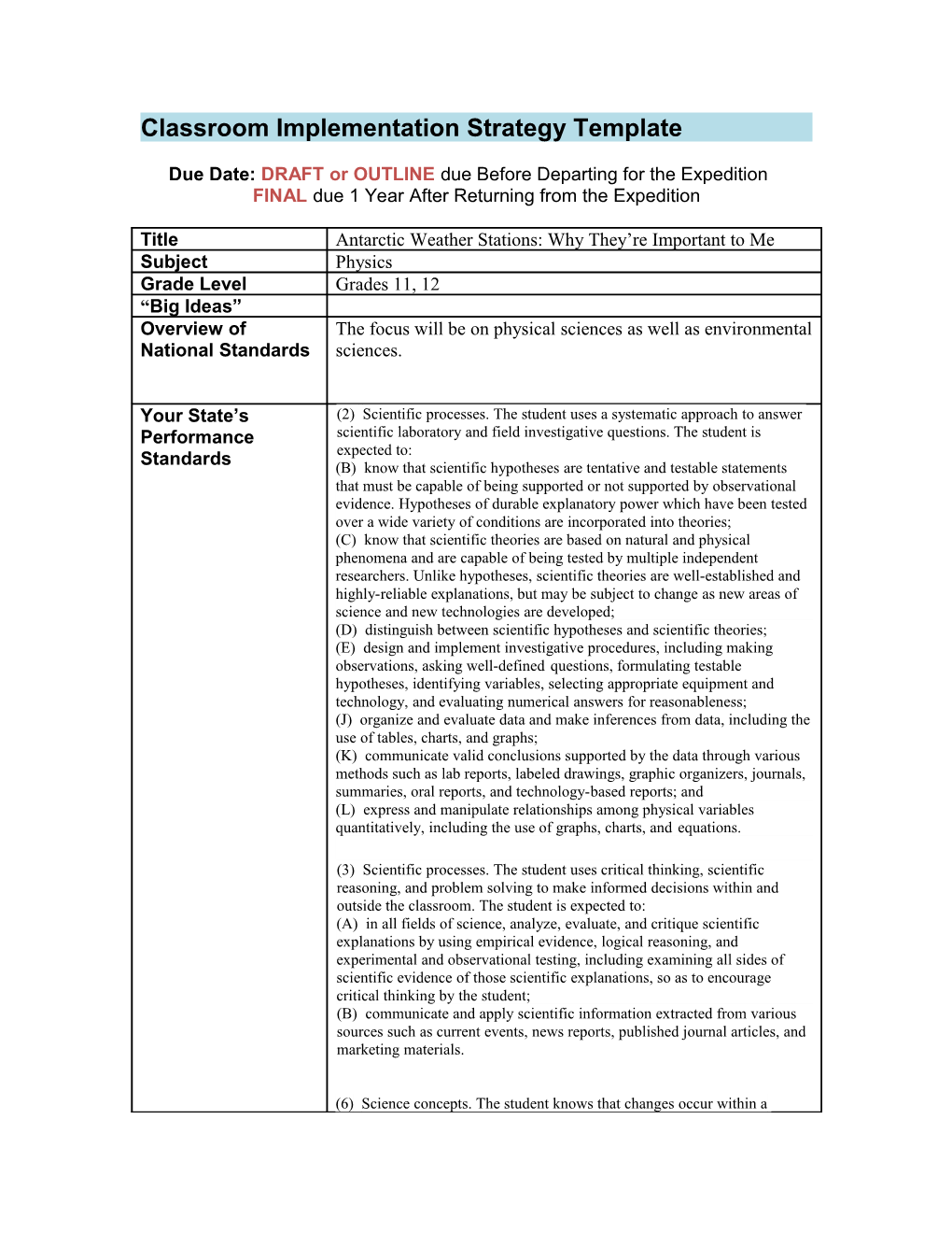 Classroom Implementation Strategy Template