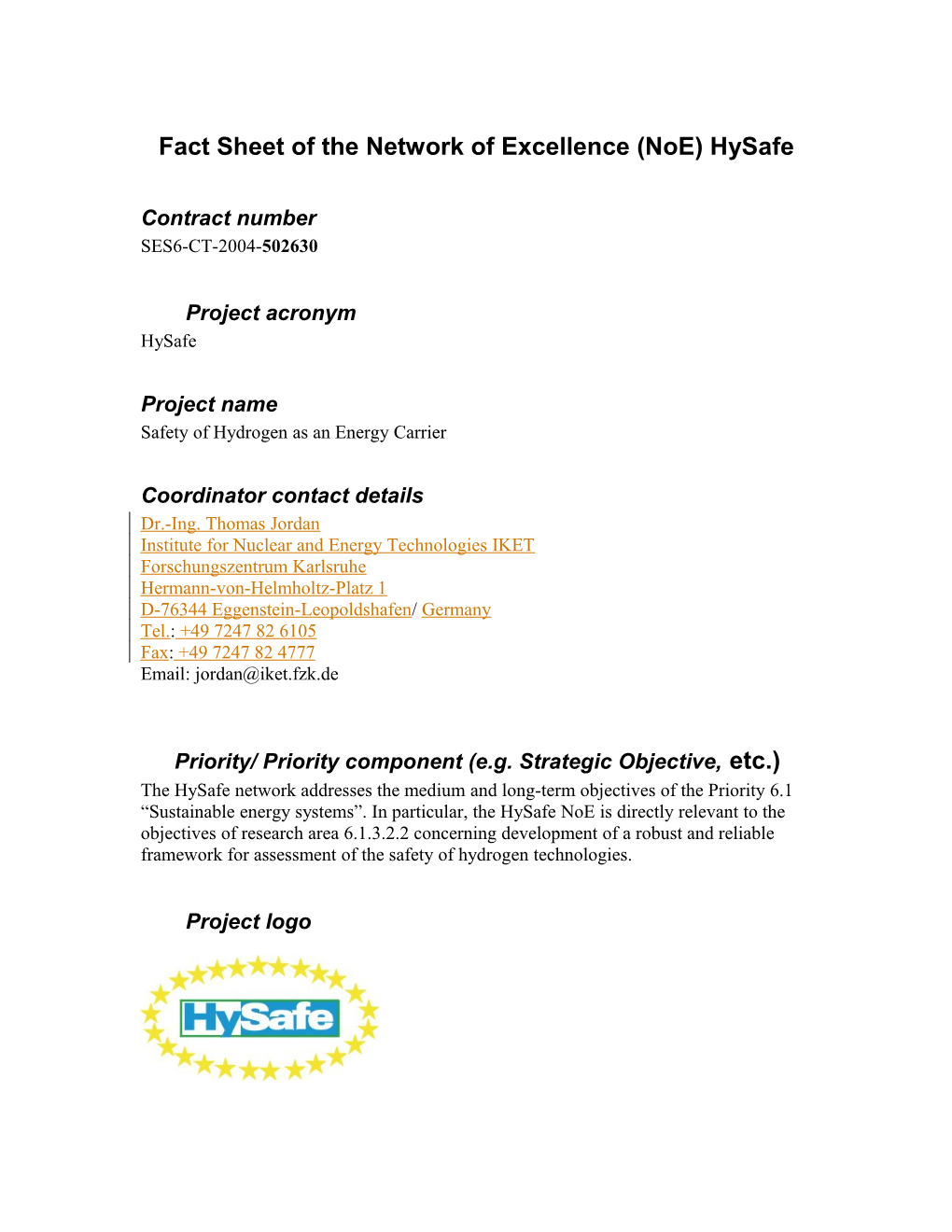 Fact Sheet of the Network of Excellence (Noe) Hysafe