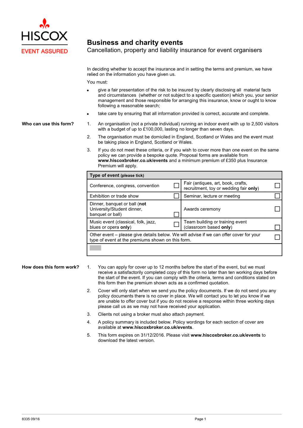 Business and Charity Events - Pre-Priced Proposal Form (UK)