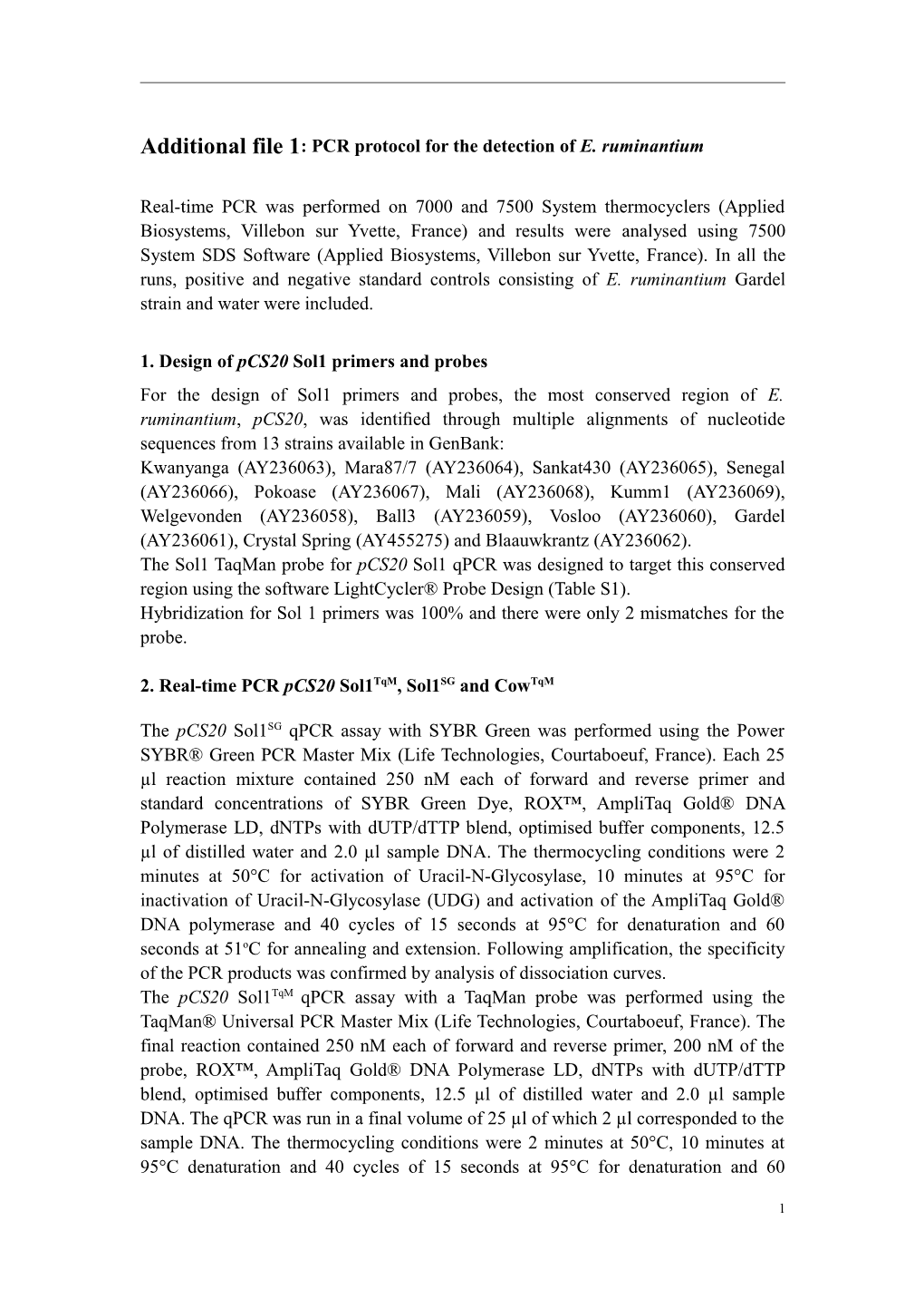 Additional File 1: PCR Protocol for the Detection of E. Ruminantium