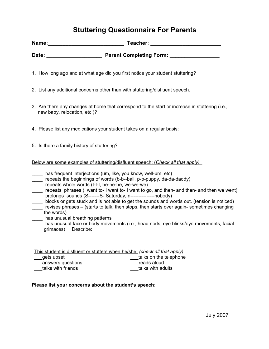 Stuttering Questionnaire for Parents
