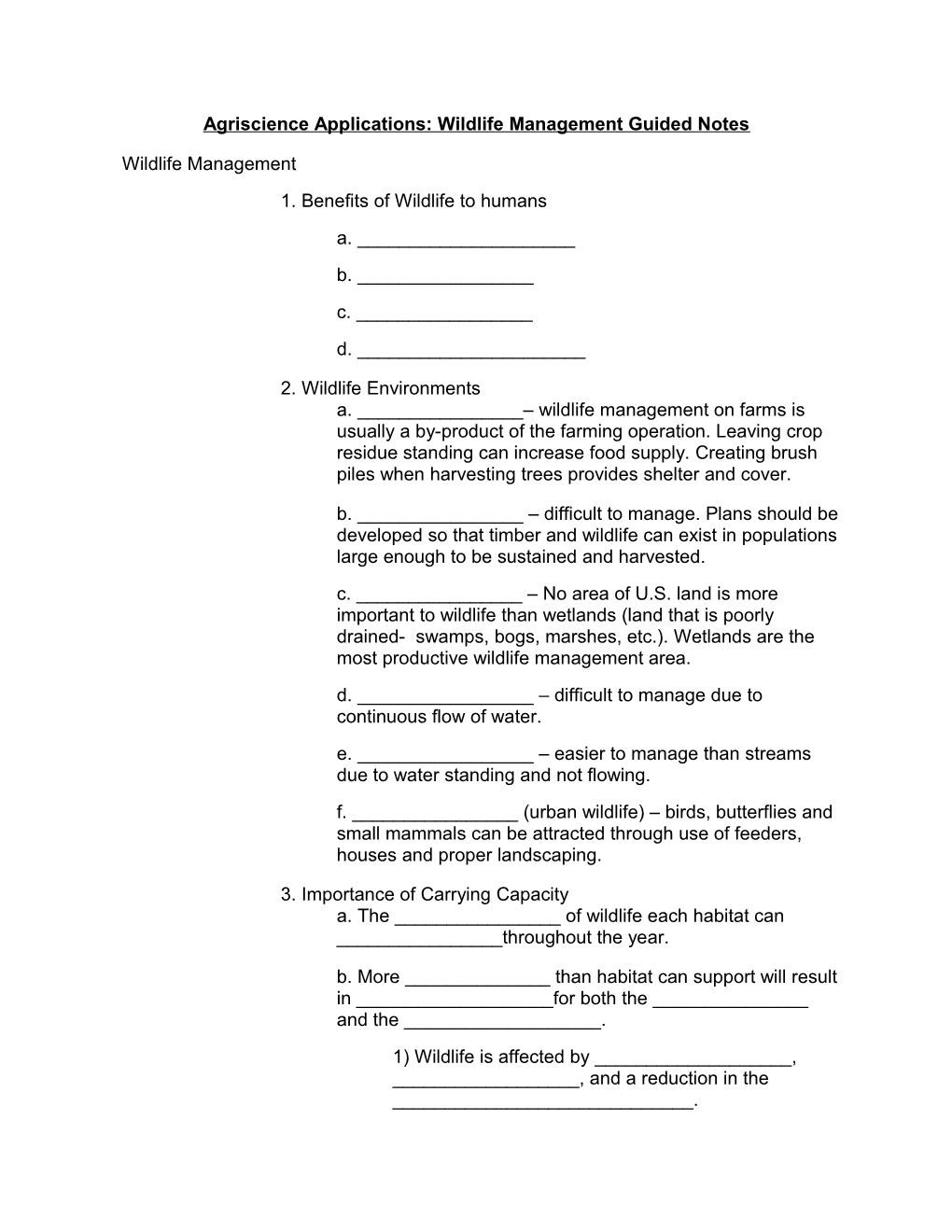 Agriscience Applications: Wildlife Management Guided Notes