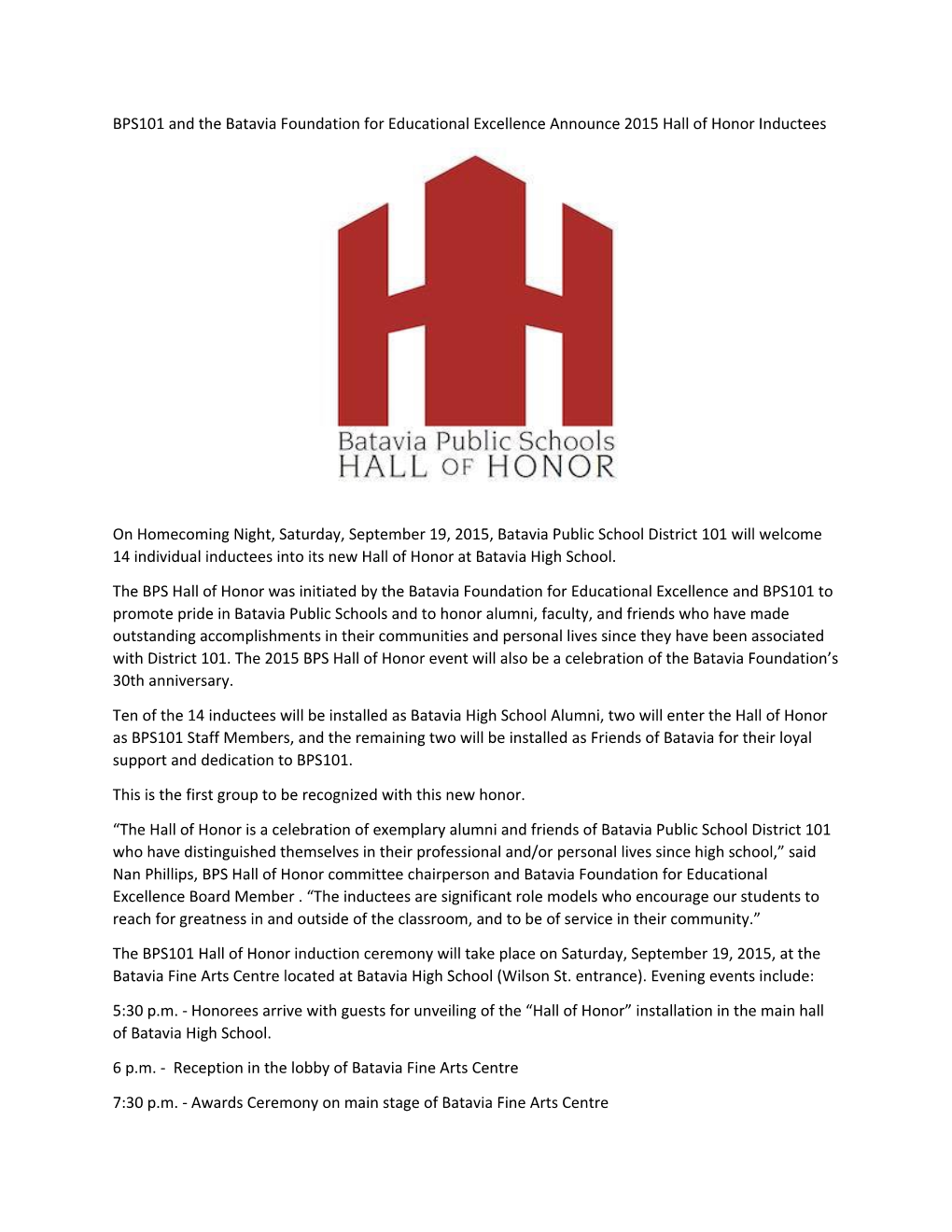 BPS101 and the Batavia Foundation for Educational Excellence Announce 2015 Hall of Honor