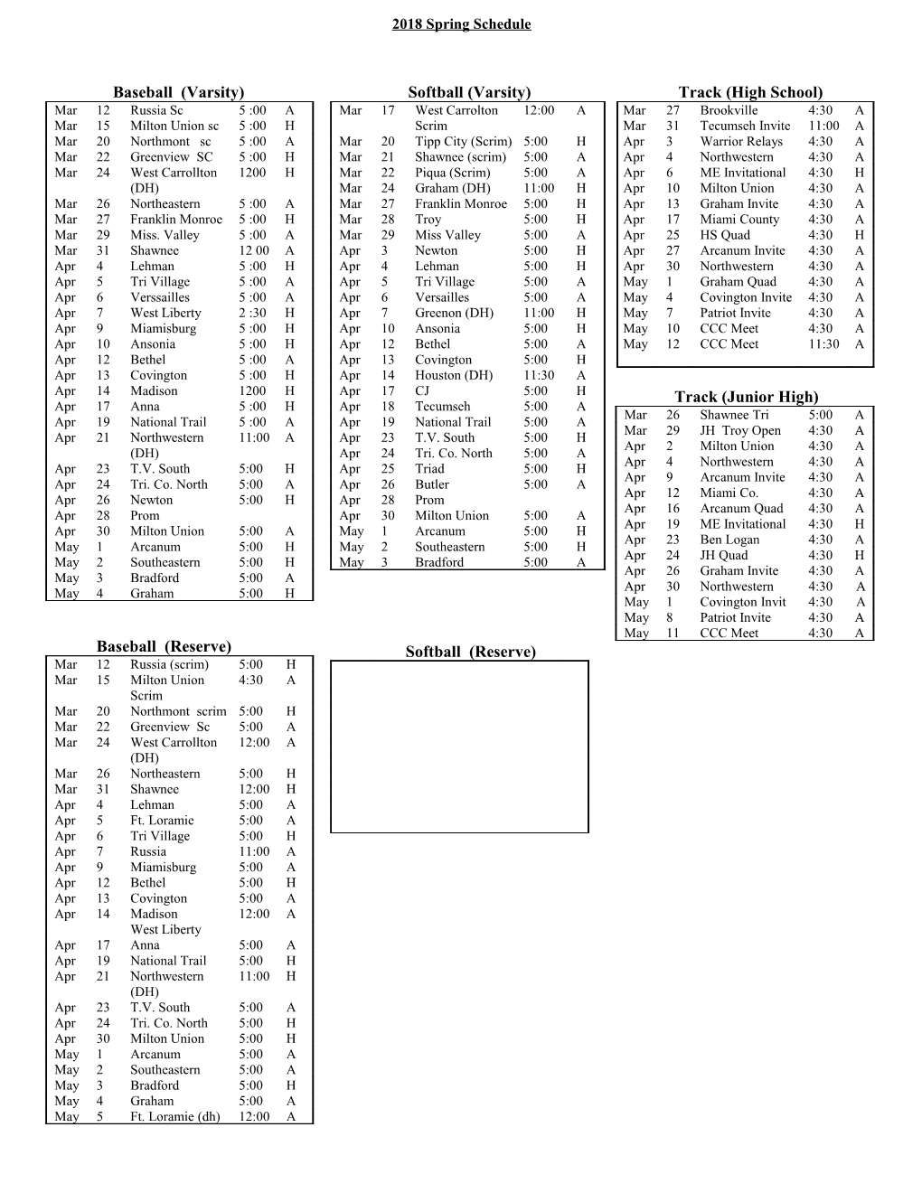 2018 Spring Schedule