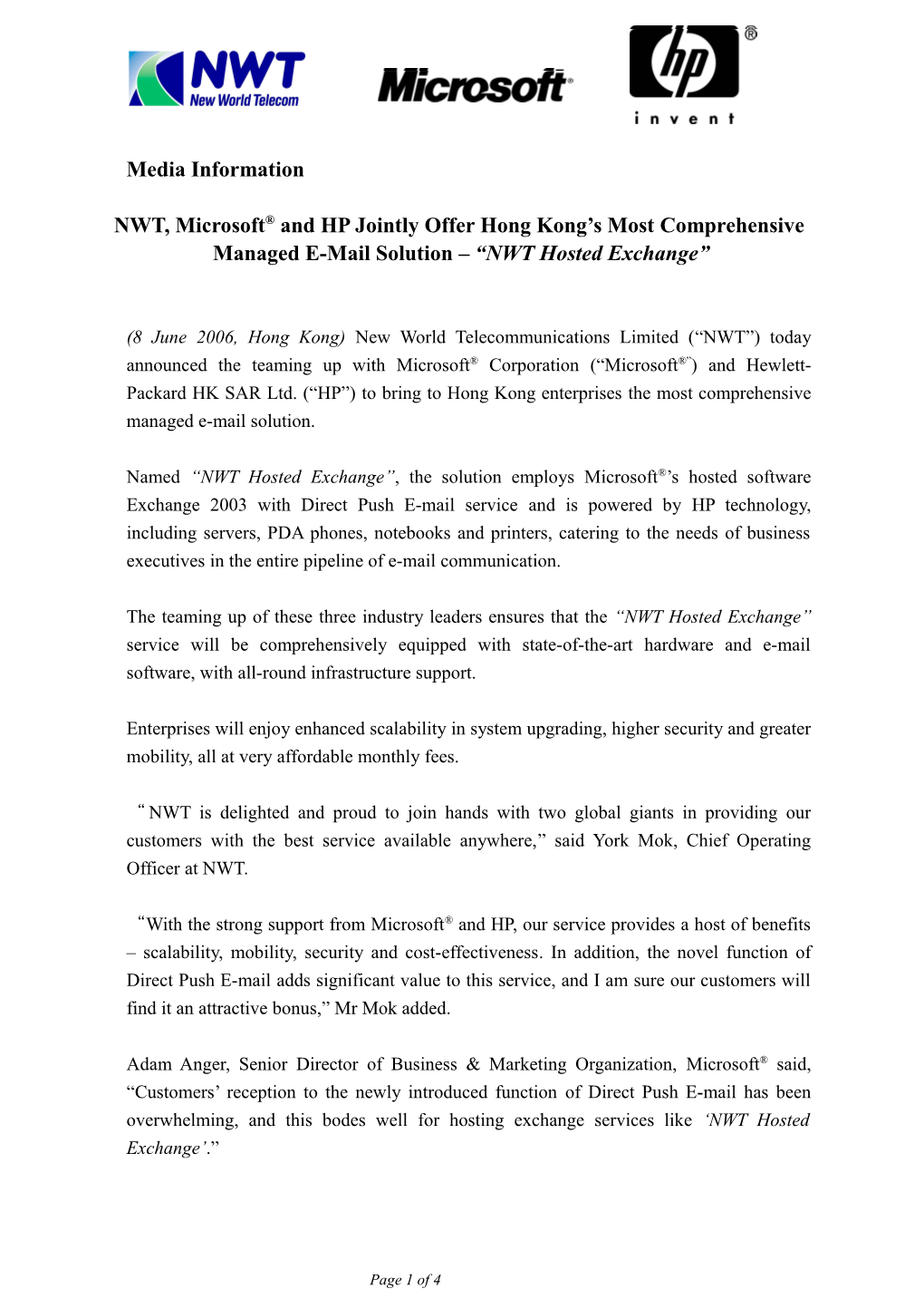 NWT, Microsoft and HP Jointly Offer Hong Kong S Most Comprehensive