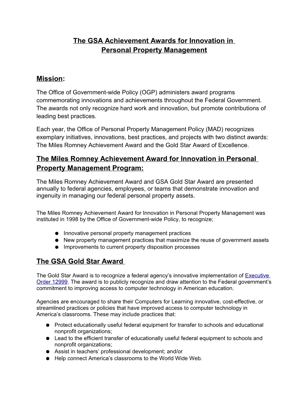 The GSA Achievement Awards for Innovation in Personal Property Management