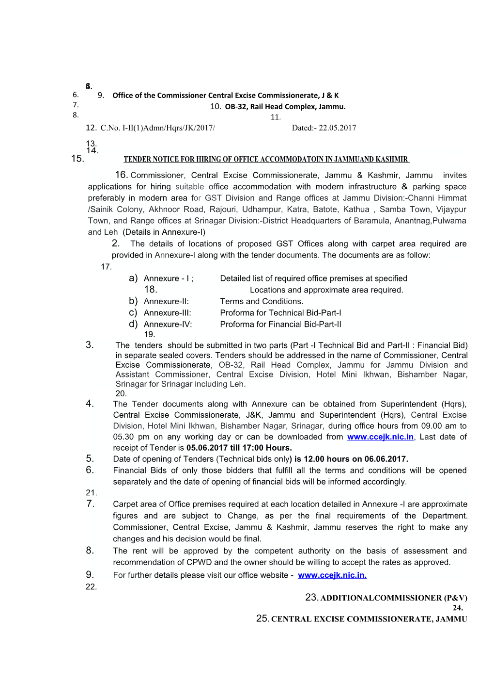 Tender Notice for Hiring of Office Accommodatoin in Jammuand Kashmir