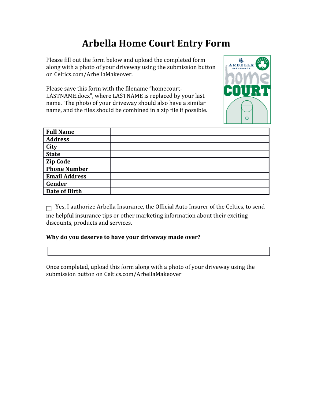 Arbella Home Court Entry Form